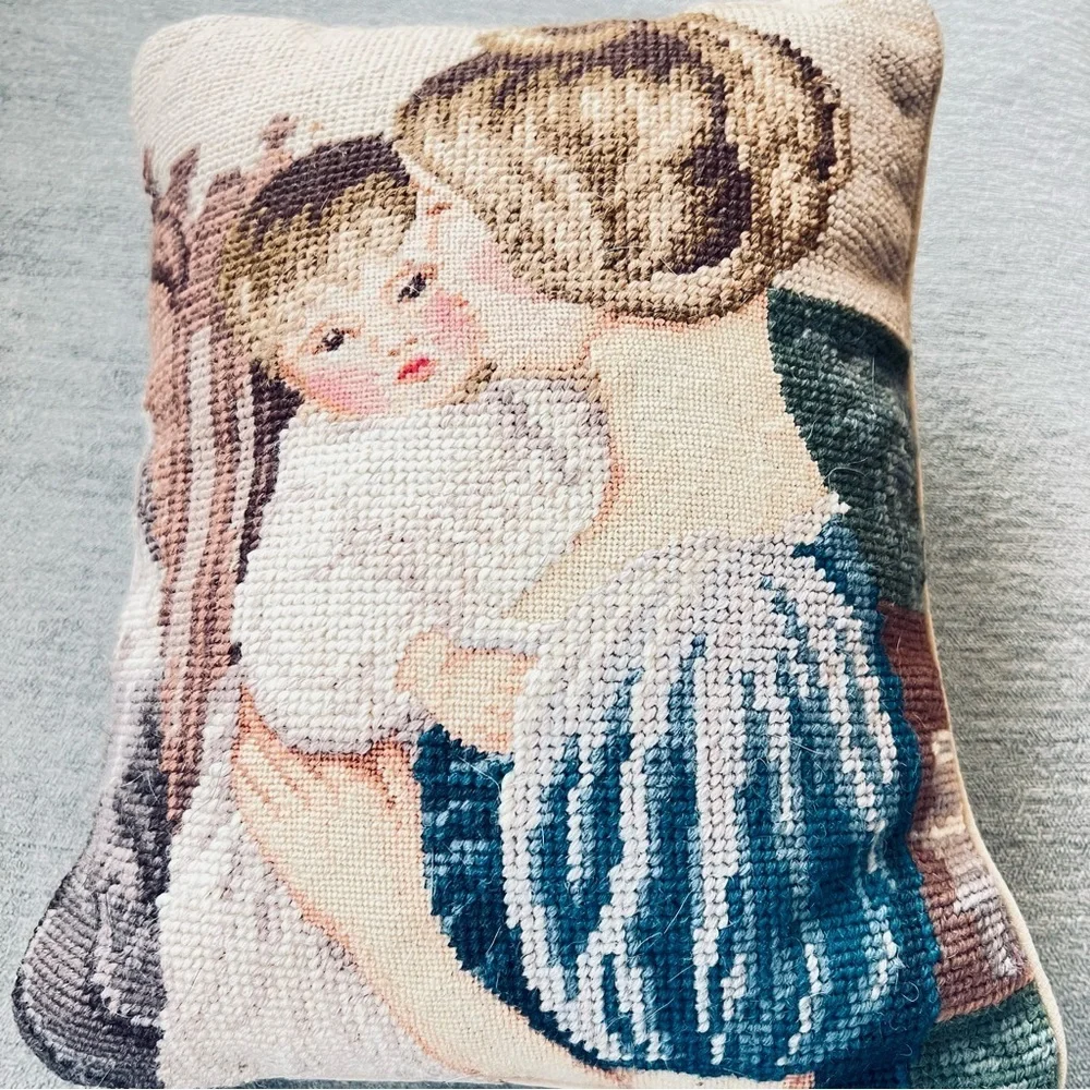 Vtg Wool Needlepoint Petit Point Pillow Mother Child Velvet Lillian Vernon.